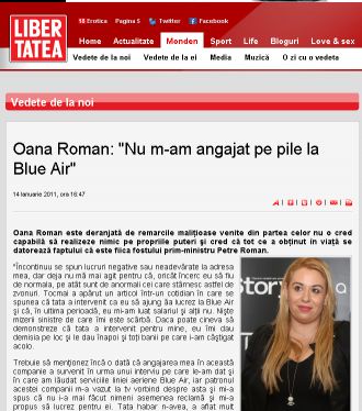 Oana Roman:"Nu m-am angajat pe pile la Blue Air"