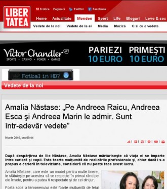 Amalia Năstase: „Pe Andreea Raicu, Andreea Esca şi Andreea Marin le admir. Sunt într-adevăr vedete”